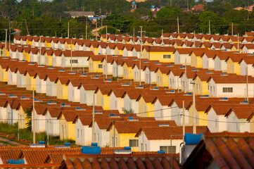 neighborhood with many identical popular houses