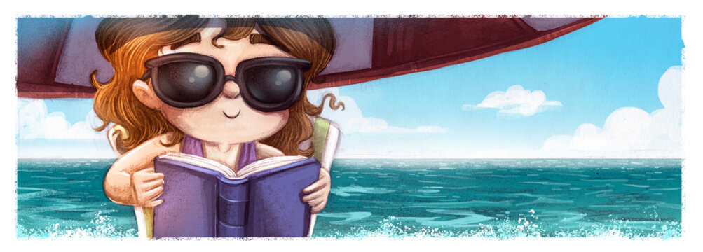 illustration of little girl reading a book on the beach