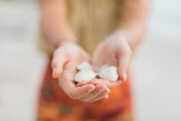 Woman holding seashells at the beach