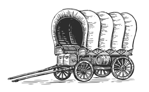 Covered Wagon. Vintage transport old carriage sketch. Wild West concept drawn in engraving style. Vector illustration