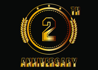 Fototapeta premium 2 years anniversary. Gold vector with rings for 2 years anniversary celebration on black background.