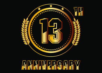 13 years anniversary. Gold vector with rings for 13 years anniversary celebration on black background.