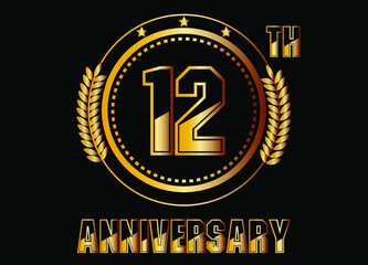 12 years anniversary. Gold vector with rings for 12 years anniversary celebration on black background.