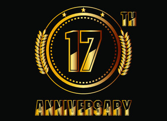 17 years anniversary. Gold vector with rings for 17 years anniversary celebration on black background.