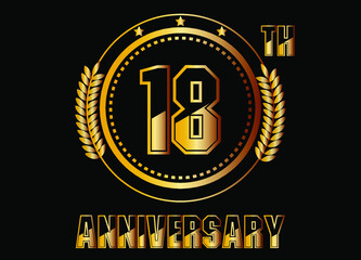 Fototapeta premium 18 years anniversary. Gold vector with rings for 18 years anniversary celebration on black background.