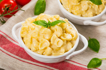 Macaroni and Cheese with Parmesan or Mac and Cheese Background. Selective focus.