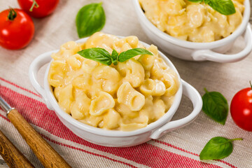 Macaroni and Cheese with Parmesan or Mac and Cheese Background. Selective focus.