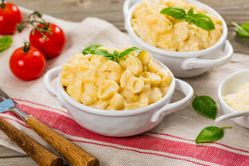 Macaroni and Cheese with Parmesan or Mac and Cheese Background. Selective focus.