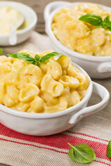 Macaroni and Cheese with Parmesan or Mac and Cheese Background. Selective focus.