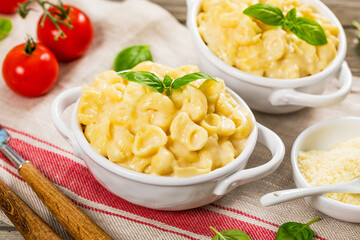 Macaroni and Cheese with Parmesan or Mac and Cheese Background. Selective focus.