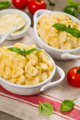 Macaroni and Cheese with Parmesan or Mac and Cheese Background. Selective focus.