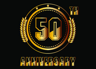Fototapeta premium 50 years anniversary. Gold vector with rings for 50 years anniversary celebration on black background.