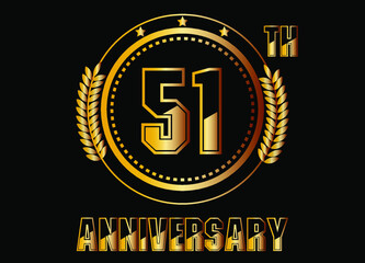 51 years anniversary. Gold vector with rings for 51 years anniversary celebration on black background.