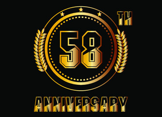 58 years anniversary. Gold vector with rings for 58 years anniversary celebration on black background.