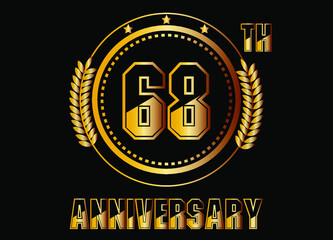 68 years anniversary. Gold vector with rings for 68 years anniversary celebration on black background.