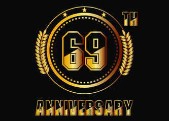69 years anniversary. Gold vector with rings for 69 years anniversary celebration on black background.
