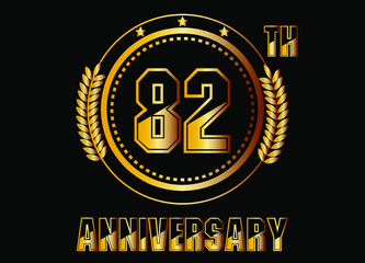 82 years anniversary. Gold vector with rings for 82 years anniversary celebration on black background.