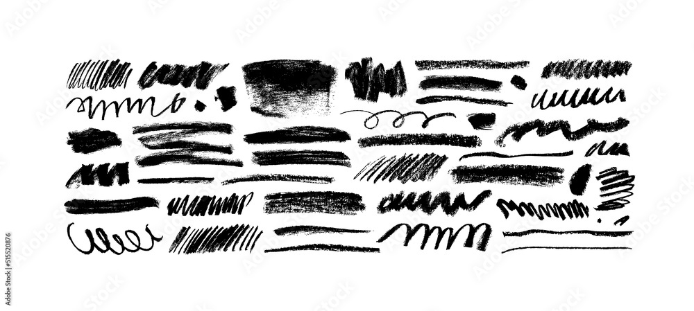 Poster charcoal pencil curly lines and squiggles, wide strokes. scribble black strokes vector set. hand dra