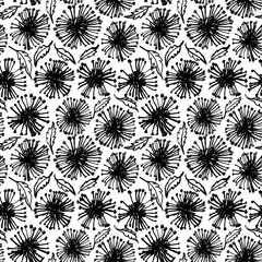 Seamless vector pattern with simple flowers. Black brush botanical elements. Decorative floral ornament. Silhouettes of garden flowers in bloom. Vector design for textile, wrapping paper and branding