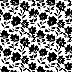 Black peony vector seamless pattern. Hand drawn silhouettes of spring chrysanthemum flowers. Dry brush style floral motives. Black paint illustration with branches and leaves. Monochrome print