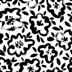 Hand drawn summer floral background. Botanical seamless pattern with bold line simple flowers. Hand drawing childish vector element. Sketch botanical drawing. Poppies, chamomile, peony and daisy