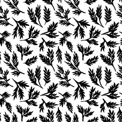 Black branches with small leaves vector seamless pattern. Botanical seamless background with tropical fern leaves. Tropical plant ornament. Various black silhouettes branches. Hand drawn floral motif