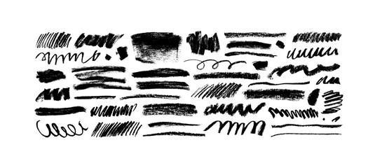 Charcoal pencil curly lines and squiggles, wide strokes. Scribble black strokes vector set. Hand drawn marker scribbles. Black pencil sketches, drawings. Scrawl elements isolated on white background - obrazy, fototapety, plakaty