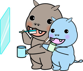 歯ブラシをする親子の可愛いかば