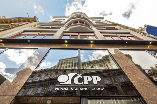 PRAGUE, CZECHIA - NOVEMBER 4, 2019: CPP, or Czech Business Insurance logo on their office for Prague. Part of Vienna Insurance Group, Ceska Podnikatelska Pojistovna is a Universal Insurance Company