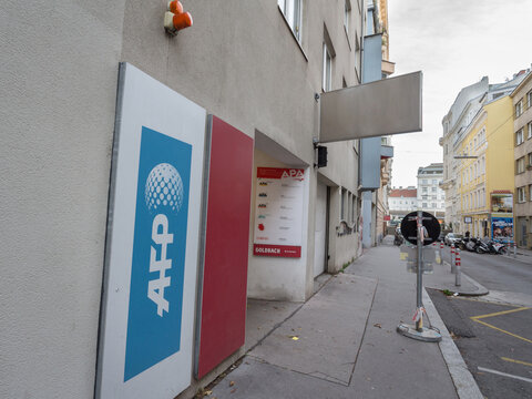 VIENNA, AUSTRIA - NOVEMBER 6, 2019: Logo of AFP in front of their main office for Vienna. Agence France Press is the French main international news and press agency