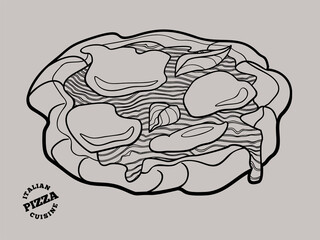 Pizza Margherita traditional Italian dish. Outline doodle illustration.