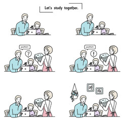 家事をする母親の傍らで子どもに勉強を教える父親