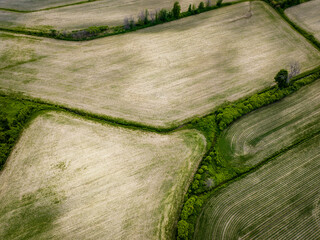 Aerial view of rural farmlands on an island of the Hochelaga archipelago on the St. Lawrence River.