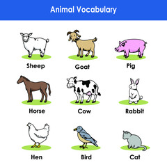 Animals English vocabularies vector illustration