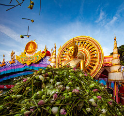 "Pick up the lotus" ceremony in the morning. Many Buddhists throw lotus flowers over the golden Buddha statue at Wat Bang Phli Noi. Samut Prakan Province, Thailand.