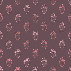 Cute pattern with sweet pink strawberries on burgundy background for the design of textiles, bed linen, child clothing, wrapping paper.