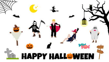 Happy Halloween  costume kids illustration set