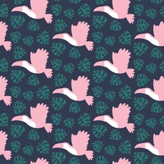 Flying pink toucans seamless pattern vector illustration. Tropical night surface design with monster leaves and toucan birds. Minimalist jungle seamless pattern by blue, green, pink and white colors