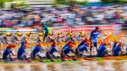 Blurry motion of boat racing in the traditional Ngo boat racing festival of Khmer people in Soc...