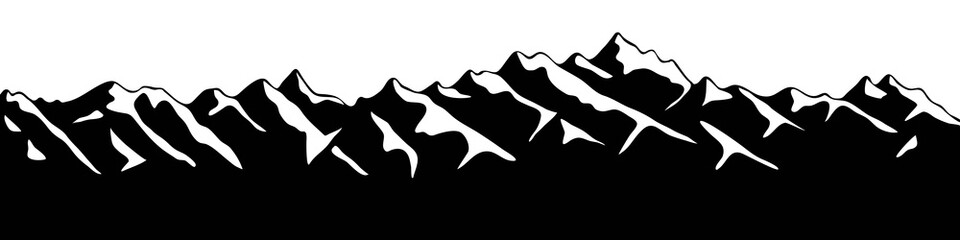 Snow covered mountain peaks, mountain range panoramic view, black and white landscape