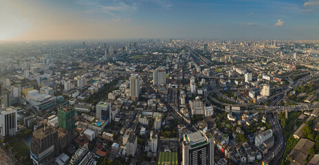panoramic view of Bangkok in the evening that looks crowded with many buildings