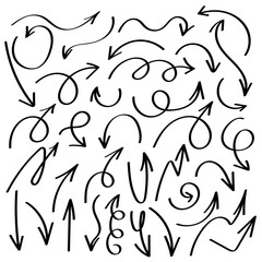 Arrows Set Black Sketch Isolated on White Background. Arrow Line Art Drawing, Outline Vector illustration