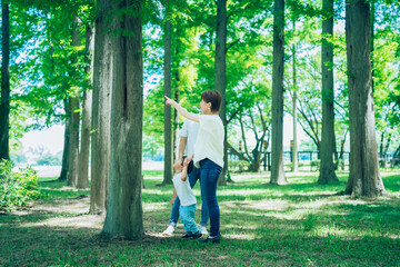 Naklejka premium 森の中を探検する男の子と親