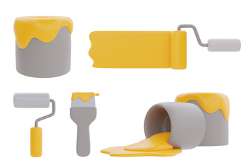 set of construction tools and equipment, paint brush, sponge roller and paint can, labor day. 3d rendering