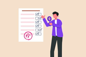 Obraz premium Happy schoolboy gets highest score. Education level concept. Colored flat graphic vector illustration isolated.