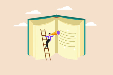Student with big gold telescope looking for literature in big book. Education level concept. Colored flat graphic vector illustration isolated.