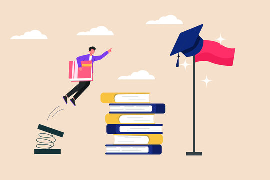 Student boy hold book jumping on a trampoline to gets graduation hat. Education level concept. Colored flat graphic vector illustration isolated.