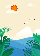 Fototapeta na wymiar Summer vector illustration of sea landscape with tropical plants.