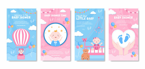 Fototapeta na wymiar Baby Shower Little Boy or Girl Social Media Stories Template Flat Cartoon Background Vector Illustration