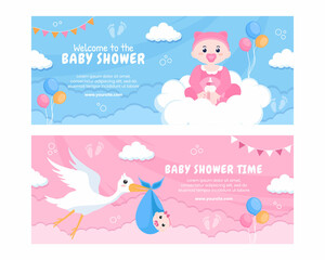 Baby Shower Little Boy or Girl Social Media Horizontal Banner Template Flat Cartoon Background Vector Illustration